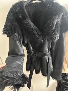 Black Faux Fur-Trim Leather Belted Jacket